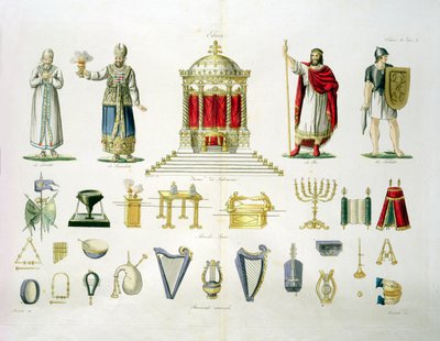 Héber Levi, pap, király és katona szent berendezéssel és hangszerekkel, 2. lemez, 1. osztály A nemzetek története I. részéből, Marco Comirati (1800-69 körül) metszet (akvatinta) alkotó: Italian School
