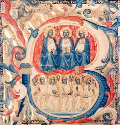 Történeti kezdetű B, amely a Szentháromságot és Krisztust ábrázolja angyalokkal körülvéve, Bolognai Iskola, 1340-50 körül alkotó: Italian School