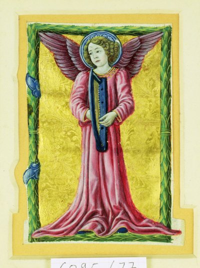 Történelmi kezdetű „I”, amely egy angyal-zenészt ábrázol, aki hárfán játszik (vellum) alkotó: Italian School