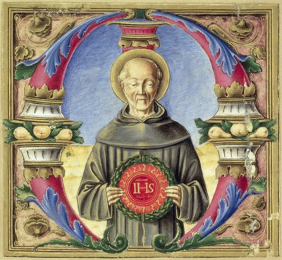 Történelmi kezdetű „M”, amely Sienai Szent Bernardinót ábrázolja (vellum) alkotó: Italian School