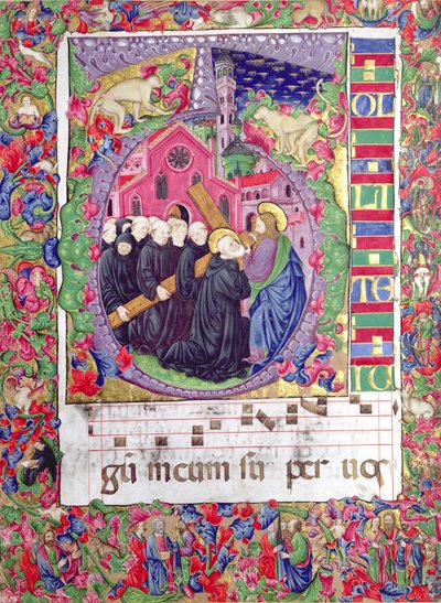 Történelmi kezdetű „Q”, amely Krisztust ábrázolja, aki Szent Benedek és a bencés szerzetesek keresztjét tartja, Velencéből, 1440 körül (vellum) alkotó: Italian School