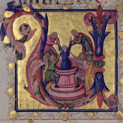 Történelmi kezdetű „U”, amely Józsefet ábrázolja, amint testvérei, a toszkán iskola (vellum) kihúzták a kútból alkotó: Italian School