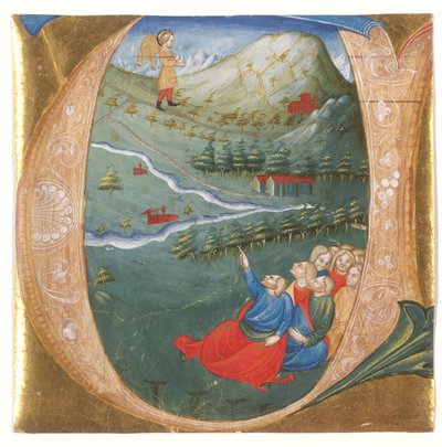 Elizeust Illés köpenyében ábrázoló történelmi kezdetű, antifóniából kivágva, 1440 körül (tempera és aranylevél pergamenen) alkotó: Italian School