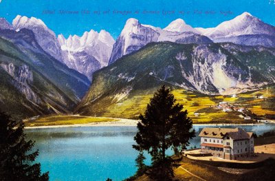 Hotel Molveno a Brenta csoporttal és a Val delle Seghe-vel, képeslap, Trentino-Alto Adige, Olaszország, 20. század alkotó: Italian School