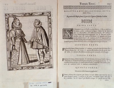 Hogyan táncoljunk balettet két személyre? A Le Gratie dAmore (Le Grazie dAmore) dupla oldala, Cesare Negri olasz táncostól, Il Trombone (1536-1604) címmel, a táncról szóló szerződés alkotó: Italian School