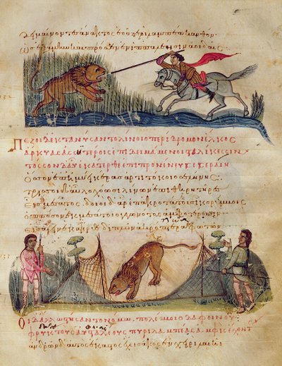 Vadászat lándzsákkal és csapdákkal, Oppian illusztrációja a Cynegeticából (tempera pergamen) alkotó: Italian School