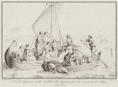 I Veneti riparano nelle isolette della laguna per la irruzione di Attila, 452 (engraving) alkotó: Italian School