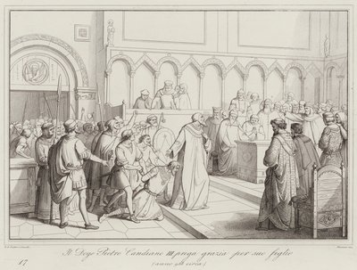 Pietro Candiano III. dózsa kegyelemért imádkozik fiáért, 958 (metszet) alkotó: Italian School