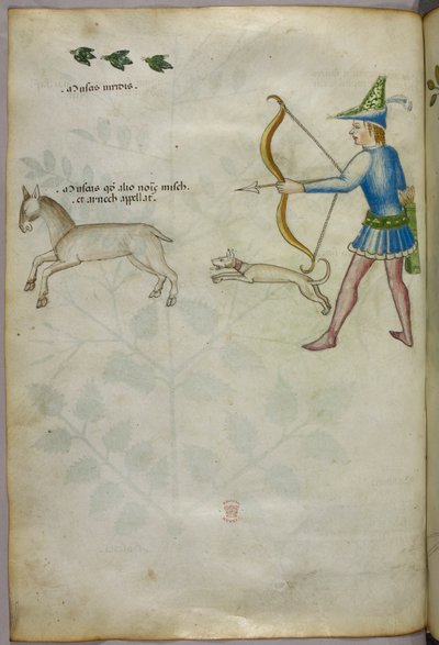 Illusztráció egy íjjal állatra lövő férfiról, fölötte kutyával és madarakkal, 1440 körül (tinta és szín, pergamen) alkotó: Italian School