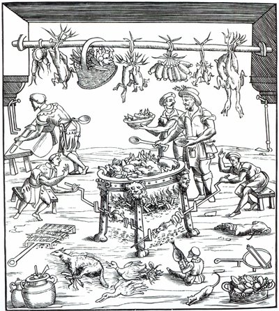 Egy olasz konyha belseje, Christoforo di Messisburgo Banchetti compositiója di Vivende című fametszete nyomán, 1549. alkotó: Italian School