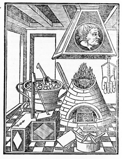 Egy kohászműhely belső képe Giovanni Agostino Pantheo (1517-1535) „Voarchadumia contra alchimiam ars differenta ab archimia et sophia.” című metszete alkotó: Italian School