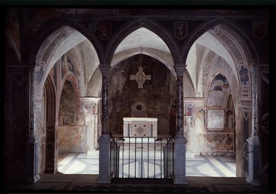 A presbitérium és az oltár belső képe, Szent Benedek-barlang (sacro speco) Subiaco alkotó: Italian School