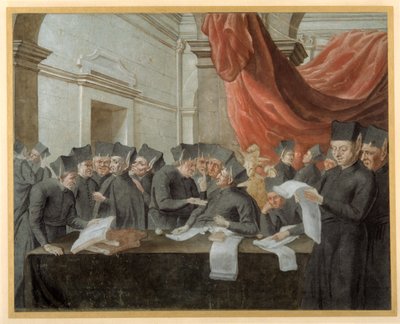 Jezsuiták konklávéban, számlákról vitatkoznak (toll és tinta akvarellel papíron) alkotó: Italian School