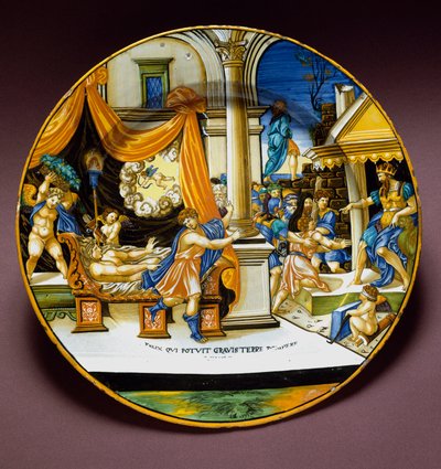József és Putiphar felesége József menekül Putiphar (Potifár) felesége elől, hogy elcsábítsa őt. Az olaszországi Urbino-ban gyártott kerámialap. 1537 Firenze környékén, Museo Nazionale del Bargello alkotó: Italian School