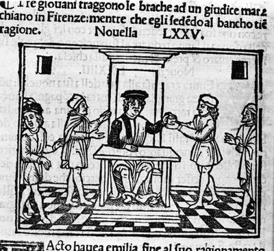 Ítélet jelenete Firenzében. Illusztráció a „Dekameron” 75. híréhez (a nyolcadik nap új 5. számához), Giovanni Boccaccio dit Jean Boccaccio (1313-1375) olasz írótól. Gravírozás: „” Decamerone ouer Cento nouelle”” Velence, Bartolomeo de 