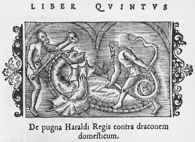 Harald király harcol egy sárkánnyal, illusztrációja Olaus Magnus (1490-1558) Az északi nemzetek története című könyvéből, megjelent Rómában, 1555 alkotó: Italian School