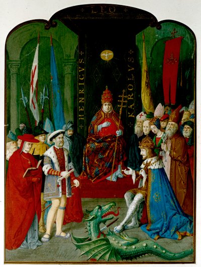 VIII. Henrik király vitában V. Károly császárral X. Leó pápa előtt. Henrik kezében egy tekercs lehet, amely az 1521-es bulla lehet, amely a „Hitvédő” címet adományozta neki (tinta és akvarell papíron) alkotó: Italian School