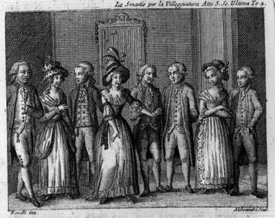Carlo Goldoni (1707-1793) „Le smania per la villeggiatura” (A város) (1761) című képregényének III. felvonásának utolsó jelenete. 18. századi metszet alkotó: Italian School