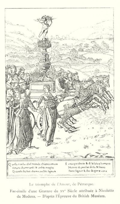 A szerelem diadala, Petrarcha, Nicoletto da Modenának tulajdonított 15. századi metszet fakszimile, a British Museum nyomat után (metszet) alkotó: Italian School