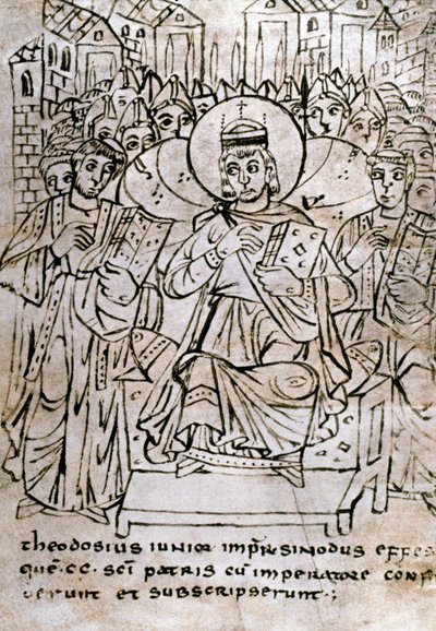 Lombard művészet: „” II. Theodosius császár (401-450), I. Theodosius unokája, a 431. június 22-i efezusi zsinaton, elítéli a nesztorianizmust (Nestorius vagy Nestorios pátriárka)”” A tollas rajz pergamenre kánoni jogokról szóló szerződés. 9t alkotó: Italian School