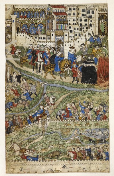 MS Add.27695 fol.6v A templomosok elpusztítása és IV. Fülöp francia király (1268-1314) halála, illusztráció a genovai Cocharelli „A bűnökről szóló értekezéséből”, 14. század vége (vellum) alkotó: Italian School