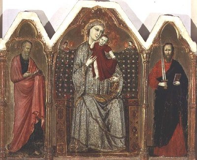 Madonna és Gyermek trónolt, az SS-szel. János evangélista és Pál, Rimini Iskola (triptichon panel) alkotó: Italian School