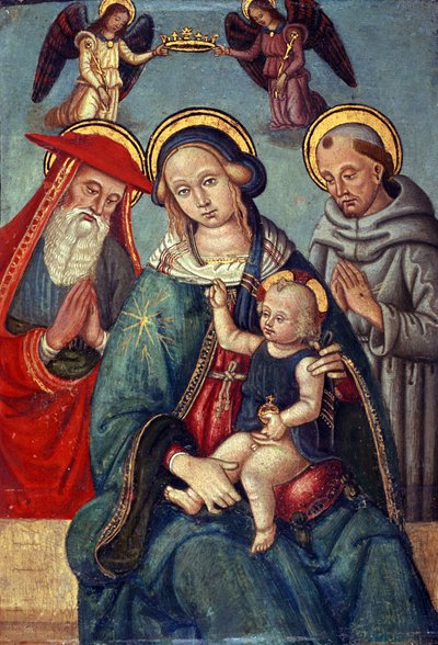 Madonnát és a gyermeket két angyal koronázza meg, Szent Jeromossal és Szent Ferenccel, 1500 körül (tempera nyárfán) alkotó: Italian School