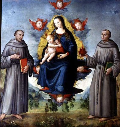 Madonna és gyermek, mellette Assisi Ferenc SS és Padovai Anthony (tempera a panelen) alkotó: Italian School