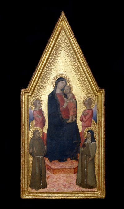 Madonna és gyermek Szent Ferenccel, Szent Klárával és két angyallal, 1340-50 (tempera és aranylevél a táblán) alkotó: Italian School