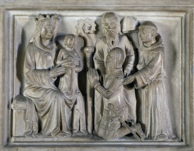 Madonna és gyermek, harcossal és szentekkel, a The Masters of Campione által készített dombormű. Olaszország alkotó: Italian School
