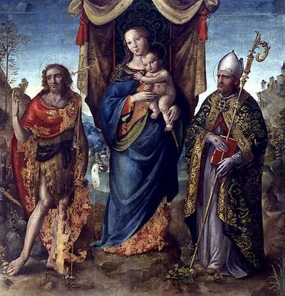 Madonna és gyermeke szentekkel (olaj, tábla) alkotó: Italian School