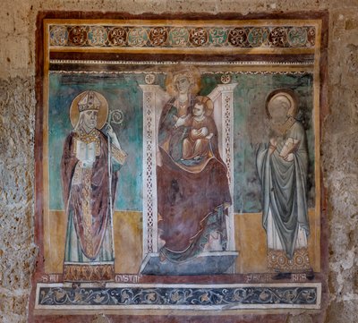 Madonna Szent Ágoston és Perselussal trónolt, Feszület oratóriuma, a XIII. század utolsó negyede (freskó) alkotó: Italian School