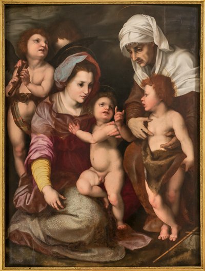 Madonna gyermek Jézussal, Szent Erzsébettel, Szent János csecsemővel és két angyallal, Andrea Del Sarto másolata (olaj a táblán) alkotó: Italian School