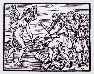 Férfi boszorkány, aki megtagadja Krisztust, egy illusztráció másolata a Compendium Maleticarumból, Fr M Guacciustól, Milánó, 1608, a History of Magic, a 19. század végén megjelent. alkotó: Italian School