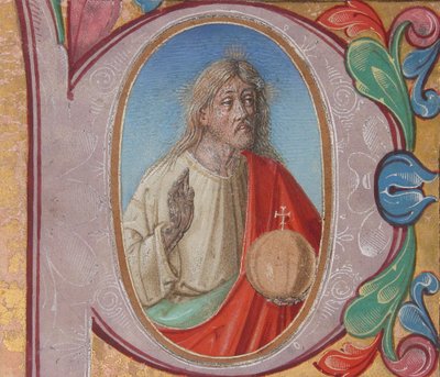 Kéziratos megvilágítás Salvator Mundival, P betűvel, kóruskönyvből (Tempera, tinta és arany pergamen) alkotó: Italian School