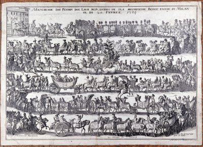 Álarcos: felvonulás és népmaszkok tánca farsang alkalmából. Milánó 1764.02.20. Metszet a 18. századról alkotó: Italian School
