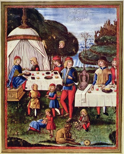 Maximilian Sforza gyermekként a kertben étkezik, illusztráció az „Ars grammatica” (velum) másolatából alkotó: Italian School