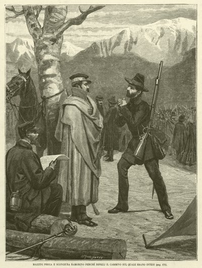 Mazzini imádkozik és rábírja Ramorinót, hogy folytassa azt az utat, amelyre szánták (metszet) alkotó: Italian School