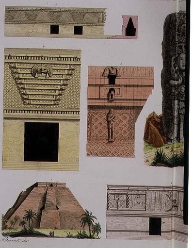 Mexikói régiségek, építészeti részletek a "The History of the Nations" 48. táblájáról (aquatinta) (lásd még 94498) alkotó: Italian School