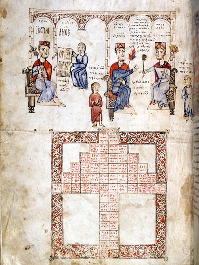 Az „Ecloga Legum” miniatűr oldala, 1175-ből származó jogi kézirat. A szereplők balról jobbra: I. Jusztiniánus (482-565), I. Leo (457-474) és I. Nagy Konstantin (270/288-337) . Velence, Bibl. Marciana. alkotó: Italian School