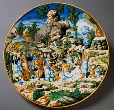 Mózes vizet emel a sziklából, és italt ad Izrael népének. Kerámia tányér, amelyet Urbinóban, az olaszországi Fontana műhelyben gyártanak. 1560 kb. Firenze, Museo Nazionale del Bargello alkotó: Italian School