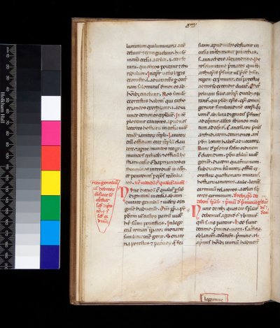 Ms 165. John Belethus, Summa de ecclesiasticis offices, f.13v. Példa egy gótikus könyvjelzőre piros rubrikákkal és széljavításokkal alkotó: Italian School
