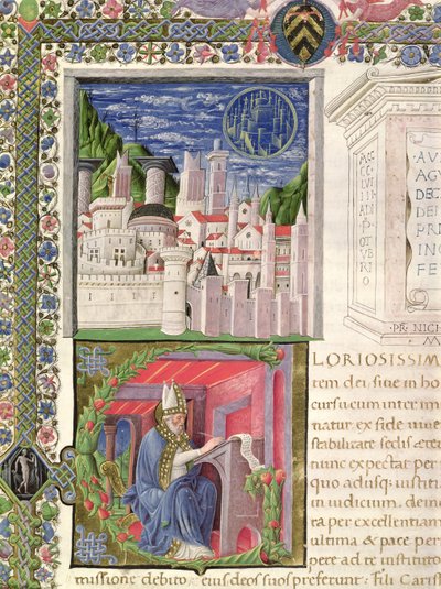 Ms 218 f.2r Róma, mint Isten városa, és Szent Ágoston írása Hippói Szent Ágoston (354-430) „De Civitate Dei” című művéből, 1459 (vellum) alkotó: Italian School