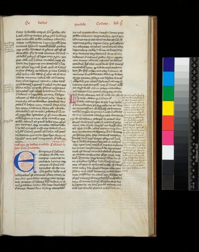 Ms 342. Caesar, Opera, f.38r. Kezdőbetűje [E] kék színben, tollal virágzó piros díszítéssel alkotó: Italian School