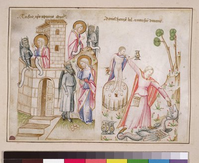 Ms 43-1950 (5v) Christs Temptation, Daniel elpusztítja Bélt, a Speculum Humanae Salvationisból alkotó: Italian School