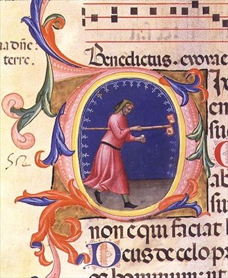 Ms 559 f.113v Történelmi "O" kezdőbetű, amely Szent Józsefet ábrázolja, amint egy rudat tart két galambokkal díszített zászlóval, a Santa Maria Novella zsoltárából, Paolo Soldini (fl.1342-86) megvilágításával 1379 (vellum) alkotó: Italian School