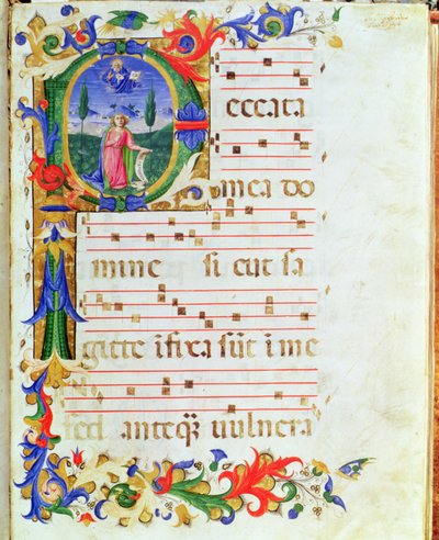 Ms 577 f.1 Történeti kezdetű „P”, amely egy férfialakot ábrázol a vadonban, a „Messale di Sant
