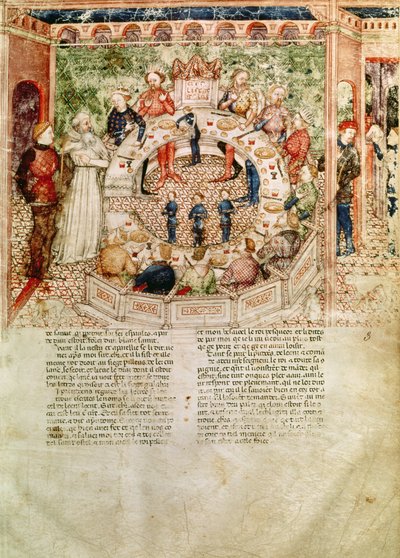 Ms Fr 343 fol.3 Sir Galahad üdvözli a kerekasztalt, Queste del Saint Graal, 1380-85 körül alkotó: Italian School