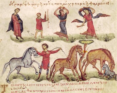 Ms Grec 479 Horse Trainers, Oppian illusztrációja a Halieuticából vagy a Cynegeticából alkotó: Italian School