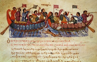 Ms Grec 479 haditengerészeti harc két hajó között, Oppian illusztrációja a Halieuticából vagy a Cynegeticából alkotó: Italian School